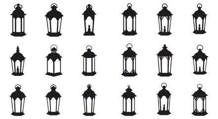 Black Lantern Silhouette Icons in Different Traditional Styles on White Background for Design and Decoration