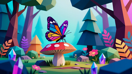 Vibrant butterfly resting on mushroom in enchanting forest setting