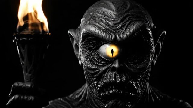 Eerie Cyclops with Burning Torch - A close-up shot of a black and white cyclops creature holding a flaming torch.