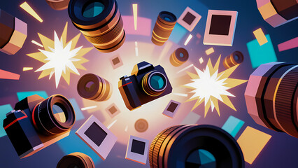 Vintage camera surrounded by lenses and photographic slides in artistic display