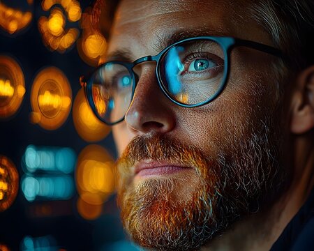 A man with glasses and a beard intently observes a futuristic digital interface with glowing lights