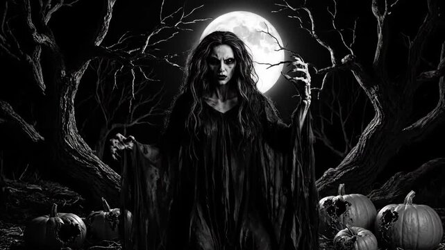 Eerie Hecate Witch Halloween Night - A black and white video of a spooky witch, possibly Hecate, standing amidst decaying pumpkins under a full moon in a dark, gnarled forest.
