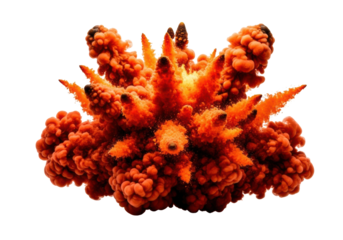 Magnificent turbulent fiery orange, crimson, gold smoke burst, high-speed, isolated on a transparent studio background with copy space, concept of explosive power