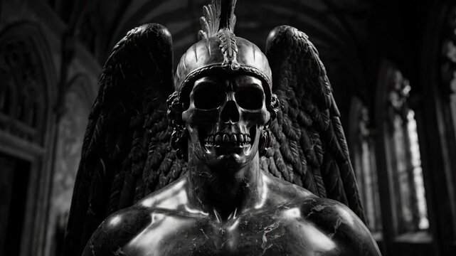 Eerie Winged Skull Statue in Gothic Cathedral - A black and white video of a dark, imposing statue with a skull head, large wings, and a winged helmet, situated within a gothic cathedral setting.