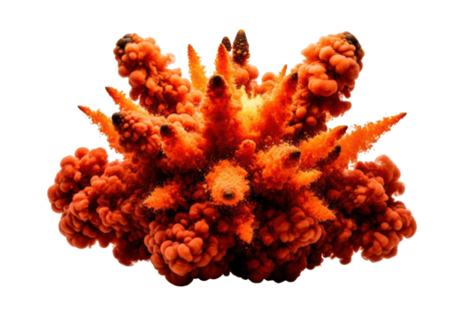 Magnificent turbulent fiery orange, crimson, gold smoke burst, high-speed, isolated on a transparent studio background with copy space, concept of explosive power