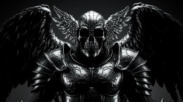 Eerie Winged Skull Knight in Black Armor - A dramatic close-up of a dark fantasy figure, a knight in black armor with a winged skull helmet.