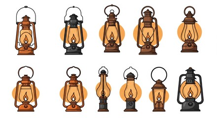 Vintage and Modern Lantern Icons with Glowing Flames in Black and Orange Vector Style on White Background