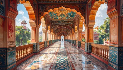 A grand, ornate hallway with arched structures and colorful decorations extends into the distance, showcasing intricate details and vibrant hues.