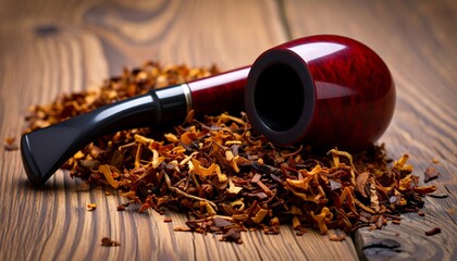 A close-up captures a polished pipe atop a pile of loose tobacco leaves, all set on a rustic wooden surface. The glossy pipe gleams against the earthy tones of the tobacco. The wood grain is prominent
