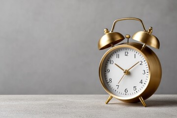 A gold alarm clock with a white face sits on a table