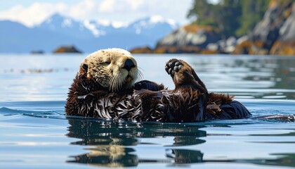 A sea otter floats on the water, its paws up in the air, against a backdrop of mountains and water.