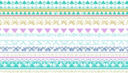 A repeating pattern of colorful, stylized tribal motifs on a white background.