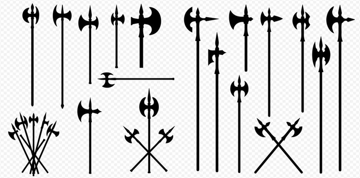 A collection of black silhouette illustrations depicting various medieval axes, halberds, and polearms in different arrangements on a transparent background.