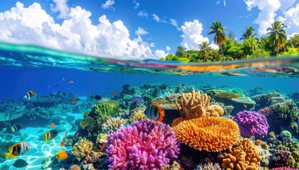 Vibrant coral reef teeming with colorful fish, showcasing an underwater paradise under a bright, sunny sky.