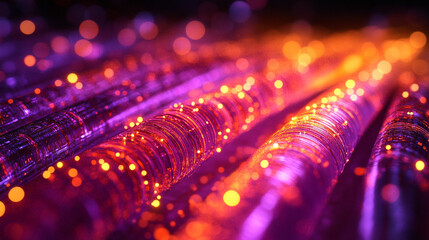 Fiber optic cables glowing with colorful lights, representing high-speed data transmission, communication networks, and modern digital connectivity concepts.