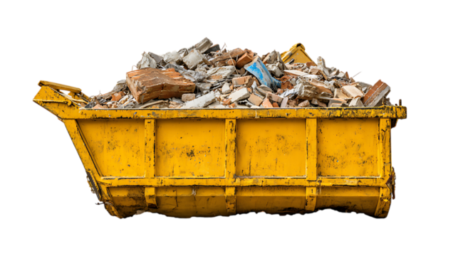 Yellow skip filled with rubble isolated on transparent background.