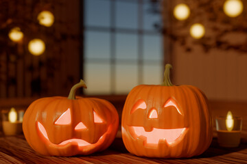 Halloween carved pumpkins with glowing faces on a table in a cozy indoor setting. 3d rendering