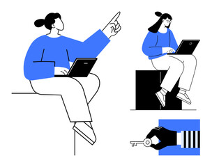 Obraz na płótnie Canvas Individuals working on laptops, one pointing upward, a hand holding a key. Ideal for teamwork, access, creativity, digital learning, problem-solving goal-setting innovation. Simple flat metaphor