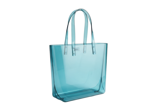 Sleek, empty, luminous aqua-blue polycarbonate tote bag with subtle light refraction, integrated handles, isolated on transparent background, modern engineering concept
