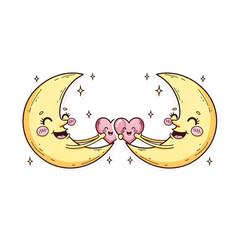 Whimsical celestial cartoon moons embracing with vibrant hearts, symbolizing joyful love and affectionate connection in a charming, sweet illustration