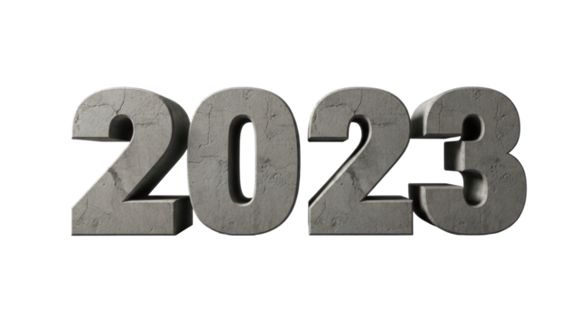 Imposing '2023' industrial concrete block digits, dull grey, cracked, rough texture, isolated on transparent, cinematic lighting, copy space, concept of enduring permanence