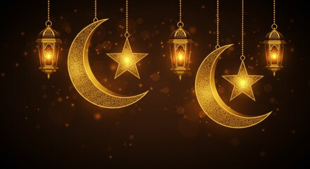 Golden  Lanterns with Crescent Moon and Star Hanging Islamic Decoration on Transparent Background in Warm Glowing Colors