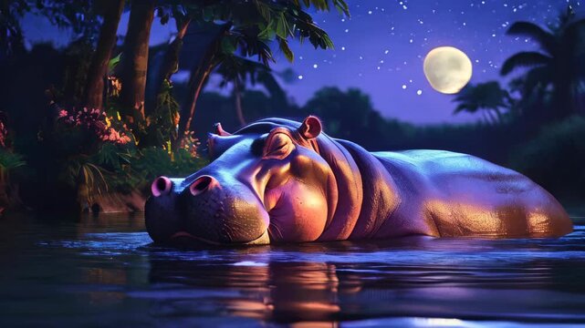 video of A hippopotamus rests in a moonlit jungle river at night, surrounded by lush tropical trees and a star-filled glowing sky, creating a serene wildlife scene