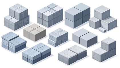 Fototapeta premium Various isometric representations of concrete paving blocks in different configurations.