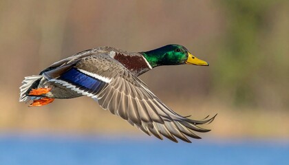 Obraz premium ánade real (Anas platyrhynchos) en primer plano, volando con las alas extendidas. Se aprecian en detalle las plumas marrones y grises del cuerpo, el característico cuello verde iridiscente del macho