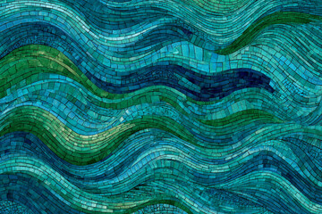 Abstract mosaic artwork depicting flowing waves in shades of teal green and blue