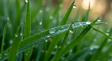 Naklejka premium Close up of vibrant green grass blades adorned with glistening water droplets in soft morning light