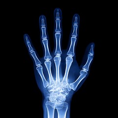 x-ray overlay of a human hand showing bones, joints, and skeletal structure on dark background