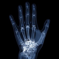 Fototapeta premium x-ray overlay of a human hand showing bones, joints, and skeletal structure on dark background