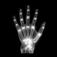 Naklejka premium x-ray overlay of a human hand showing bones, joints, and skeletal structure on dark background