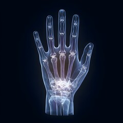 Fototapeta premium x-ray overlay of a human hand showing bones, joints, and skeletal structure on dark background