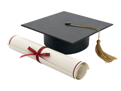 Dark Gray Graduation Cap and Rolled Ivory Diploma with Burgundy Ribbon and Gold Tassel Minimalist 3 D Render - Powered by Adobe