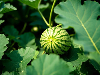 Close-up of a developing young watermelon fruit nestled among vibrant green leaves in a sunlit agricultural garden