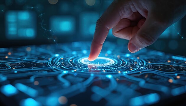 Human finger touches glowing virtual screen with futuristic technology, data sharing, artificial intelligence elements. Abstract digital transformation backdrop shows efficiency, coding, innovation - Powered by Adobe