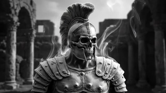 Ghostly Roman Centurion in Ruins - A black and white video depicts a Roman centurion's skull wearing a helmet and armor, standing amidst smoky ruins.