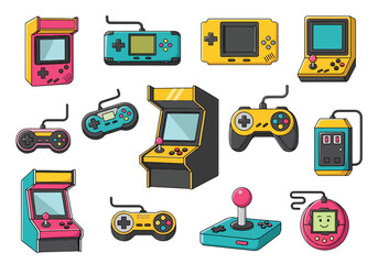 Colorful illustration icon set of retro gaming consoles, joysticks, handheld devices, and arcade machines, perfect for nostalgic design, video game, technology branding, and entertainment projects
