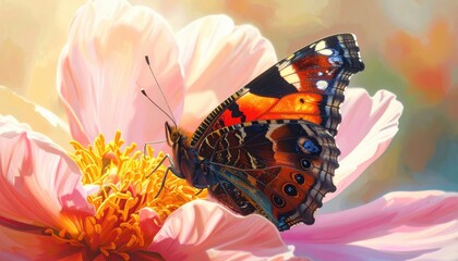 A vibrant butterfly rests delicately on a stunning pink peony, bathed in warm sunlight.