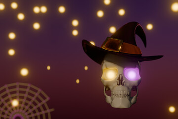 Halloween skull wearing witch hat with glowing eye and spider web background. 3d rendering