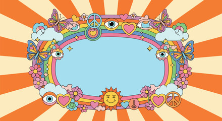 Obraz premium Colorful psychedelic illustration of a rainbow with butterflies, peace signs, flowers, and a smiling sun in retro 70s style, perfect for posters, backgrounds, and creative hippie-inspired designs