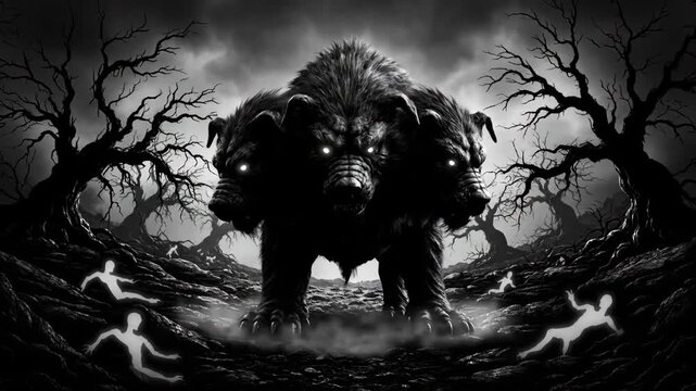 Cerberus, Guardian of the Underworld - A dramatic black and white illustration of Cerberus, the three-headed dog, in a dark, ominous landscape of barren trees.
