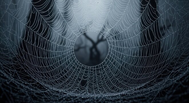 Closeup of a dewcovered spider web in the dark, with a blurred, spooky tree silhouette in the background, creating a chilling and intricate natural pattern