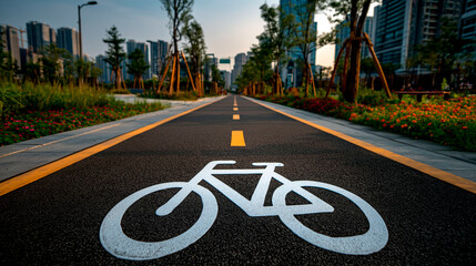 Obraz premium Empty bike lane with white bicycle symbol in modern city park surrounded by trees, flowers and tall buildings