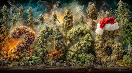2026 made of cannabis flowers with Santa Claus hat on top
