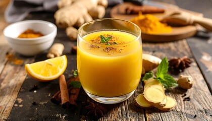 Healthy drink with ginger, turmeric, and spices