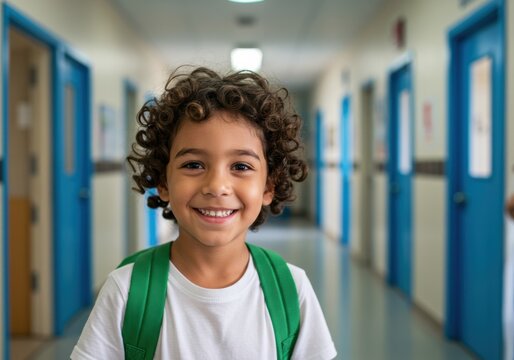 Happy schoolboy in a school hallway.