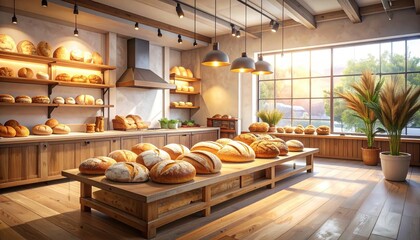 A warm and inviting bakery, filled with freshly baked loaves, displayed on rustic wooden shelves and counters, bathed in natural light streaming through large windows.